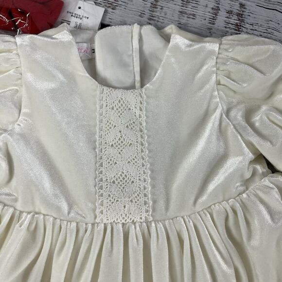 PETITE JR Baby Girl Ivory Velour Dress M 12-24 mths Red Bow Wedding Dedication 4 - Picture 2 of 11